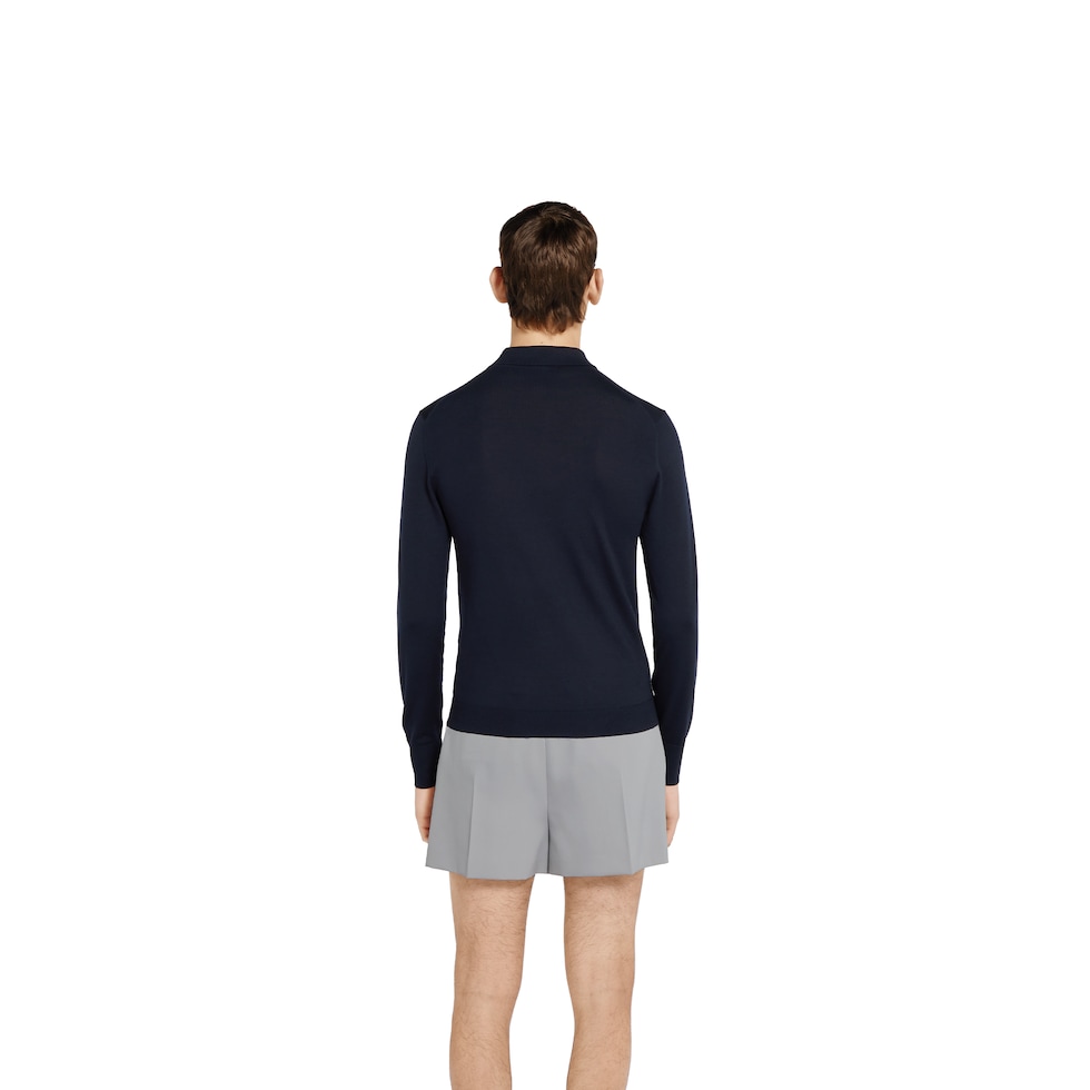 Fine wool knit polo top with intarsia