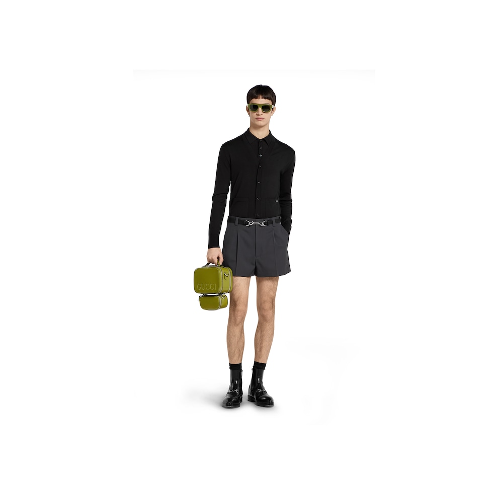 Fine wool knit polo top with intarsia