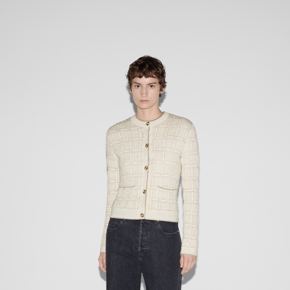 Cardigan in jacquard di lana e lamé a quadri