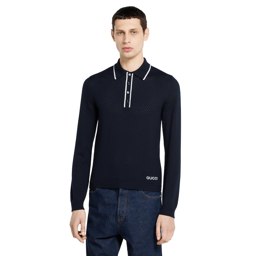 Polo in maglia di lana fine con intarsio
