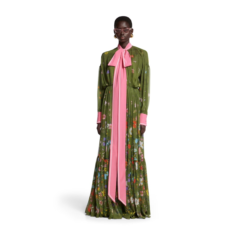 Printed long silk pleated dress