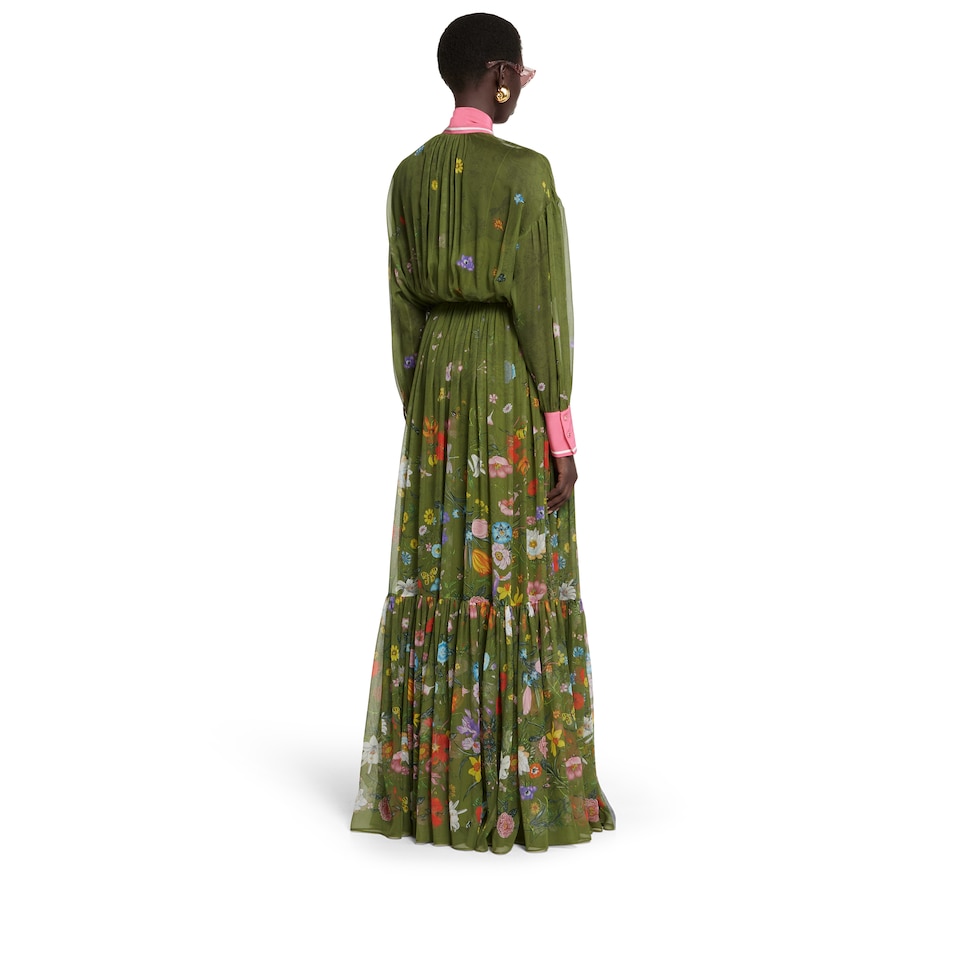 Printed long silk pleated dress