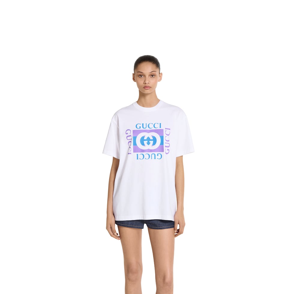 Tシャツ・カットソー GUCCI Woman T-Shirt White 815851XJG5O 9692 Cotton jersey T-shirt with crystal in white | GUCCI® US