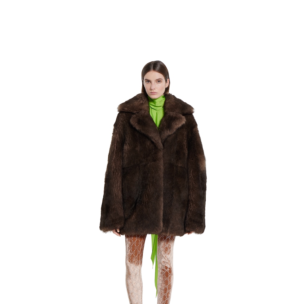 柔软长毛羊毛皮双排扣大衣