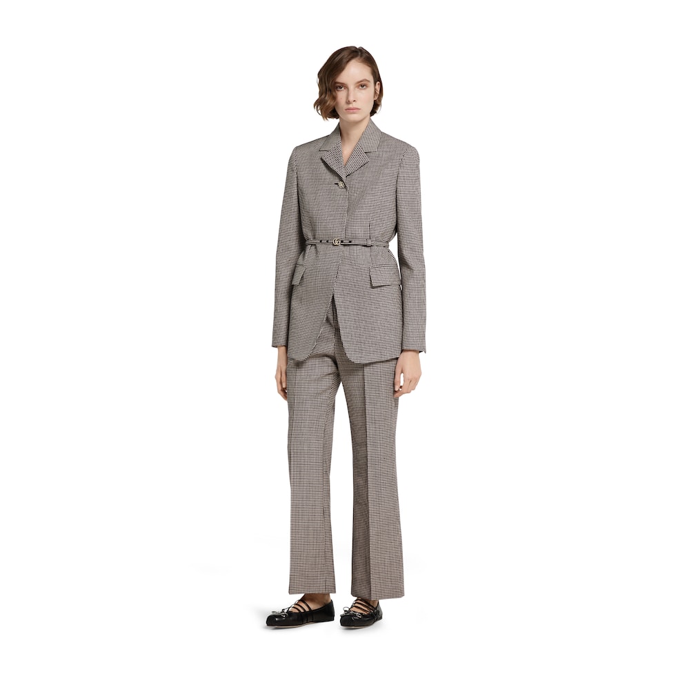 Gingham wool pants with embroidery
