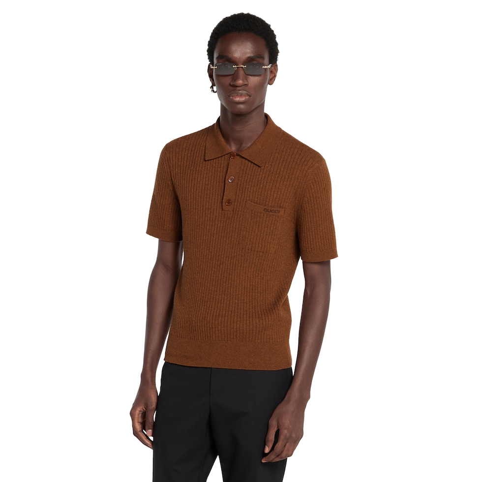Wool cashmere rib knit polo shirt