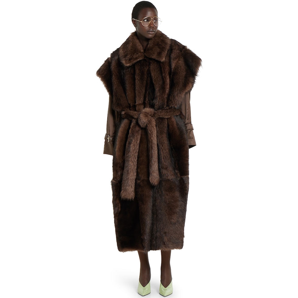 Soft hairy shearling coat with belt