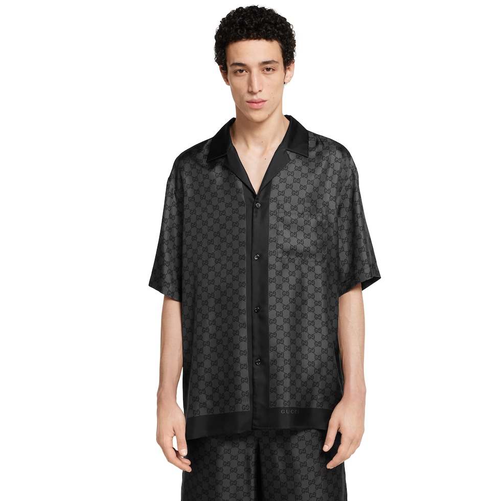 Printed silk twill bowling shirt