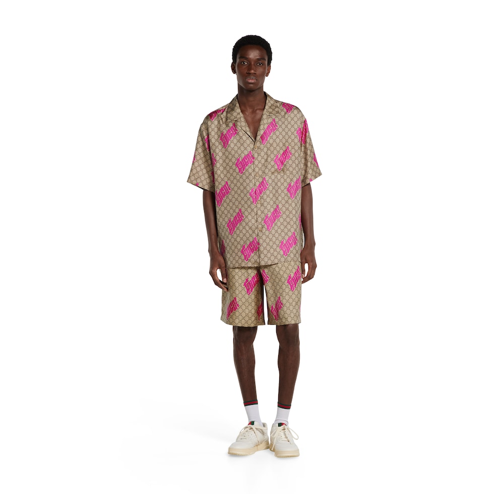 Printed silk twill bowling shirt