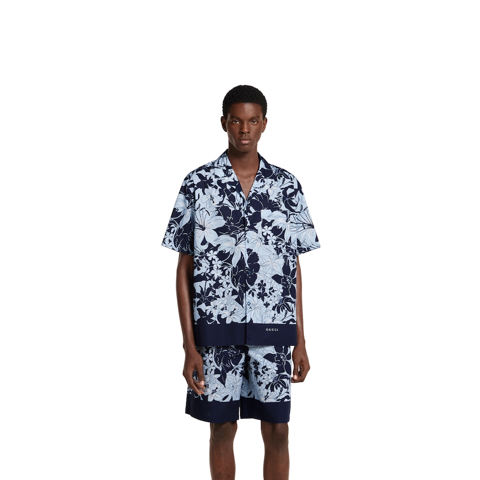 Printed cotton poplin bowling shirt