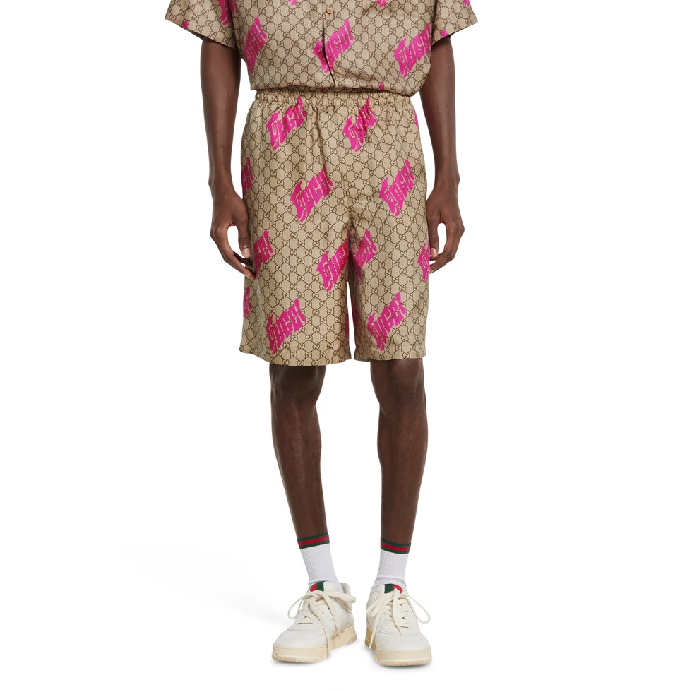 Printed silk twill shorts