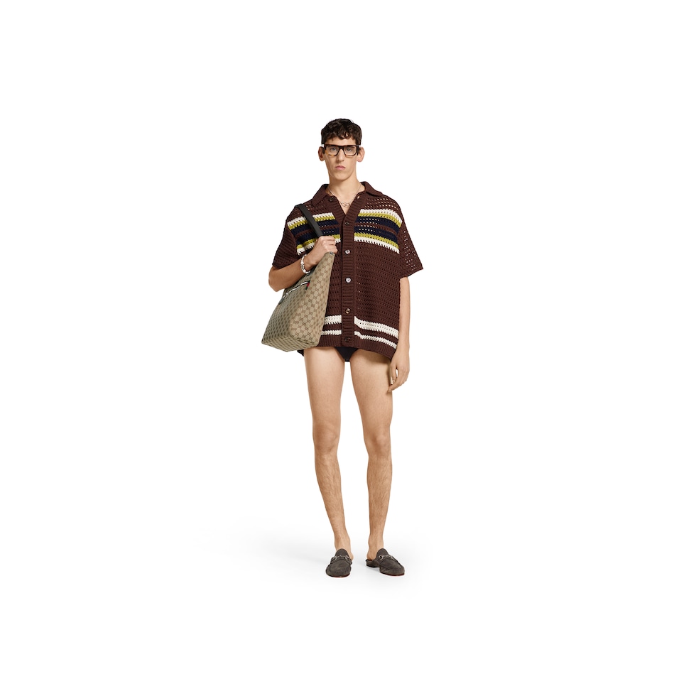 Crochet cotton knit polo shirt with stripes