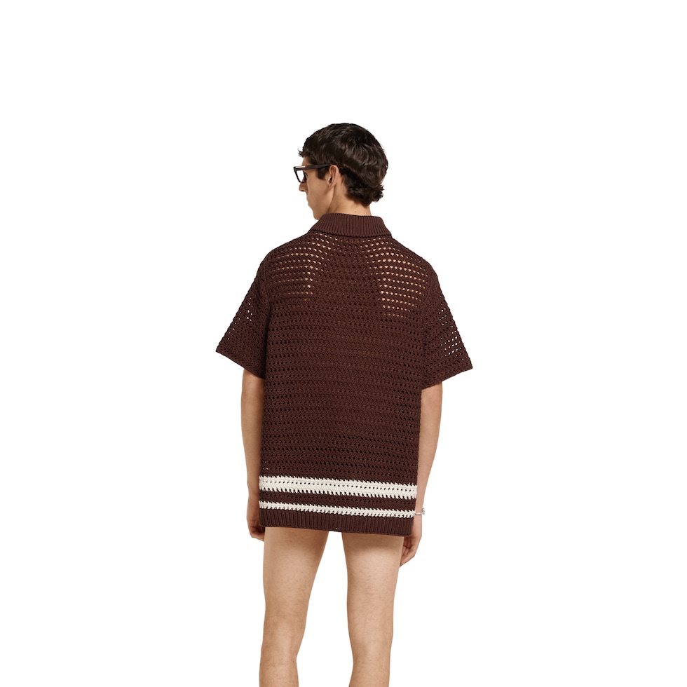 Crochet cotton knit polo shirt with stripes