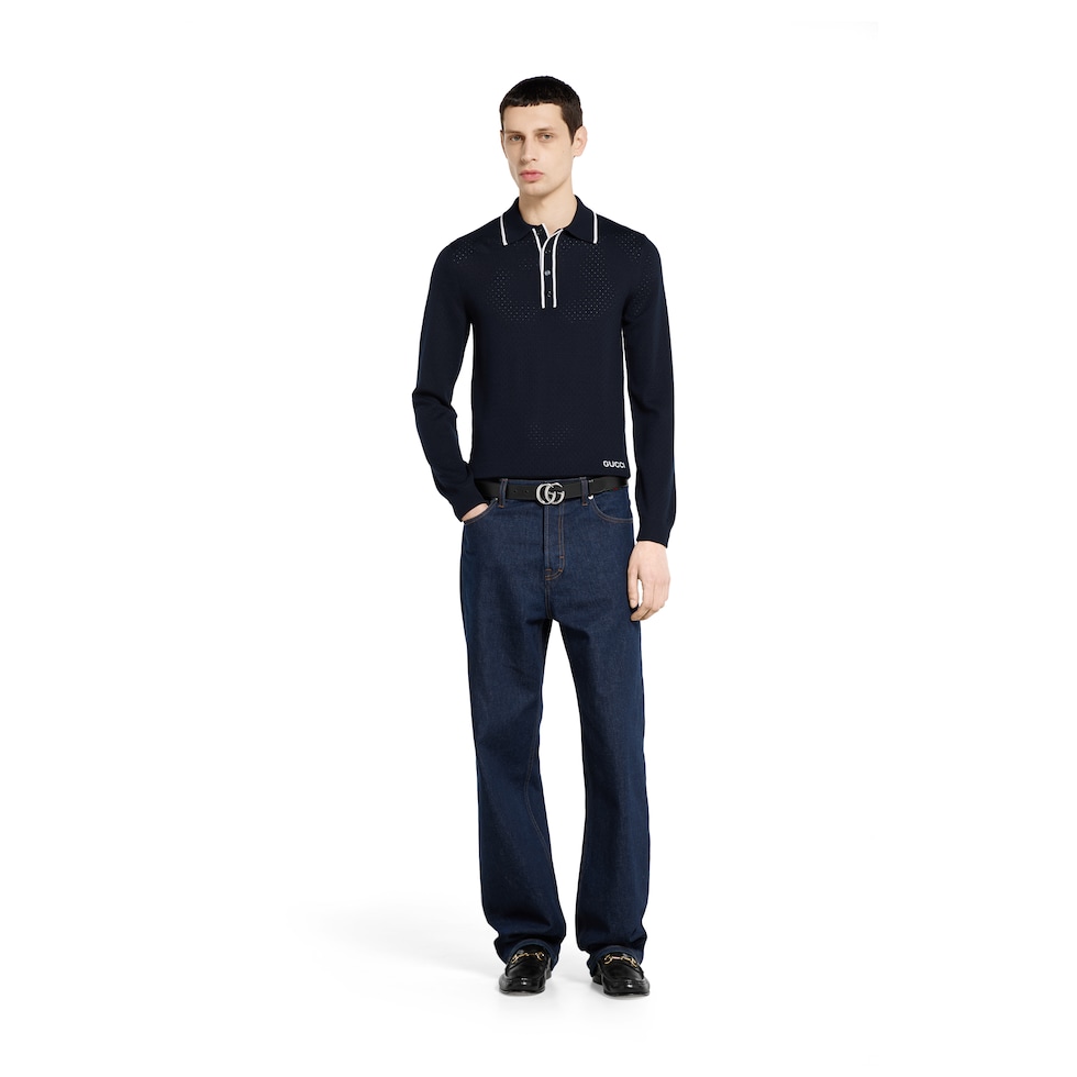 Fine wool knit polo shirt with intarsia