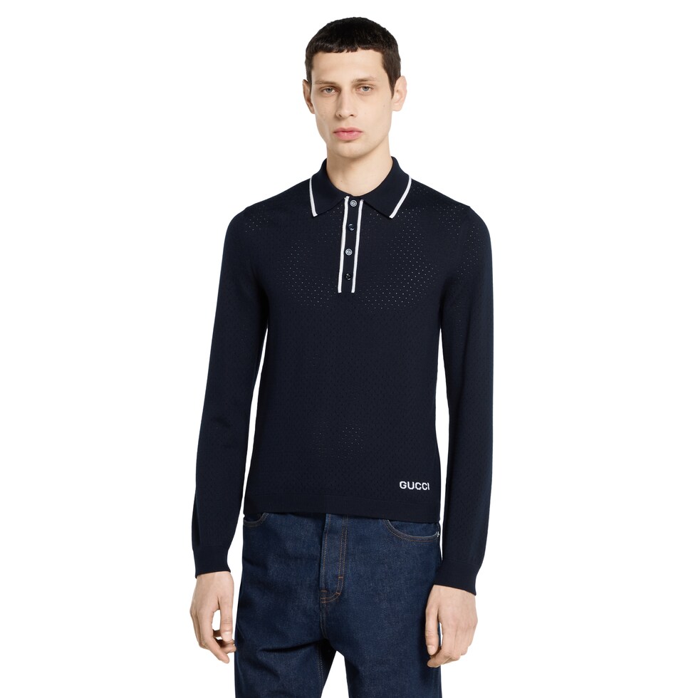 Fine wool knit polo shirt with intarsia