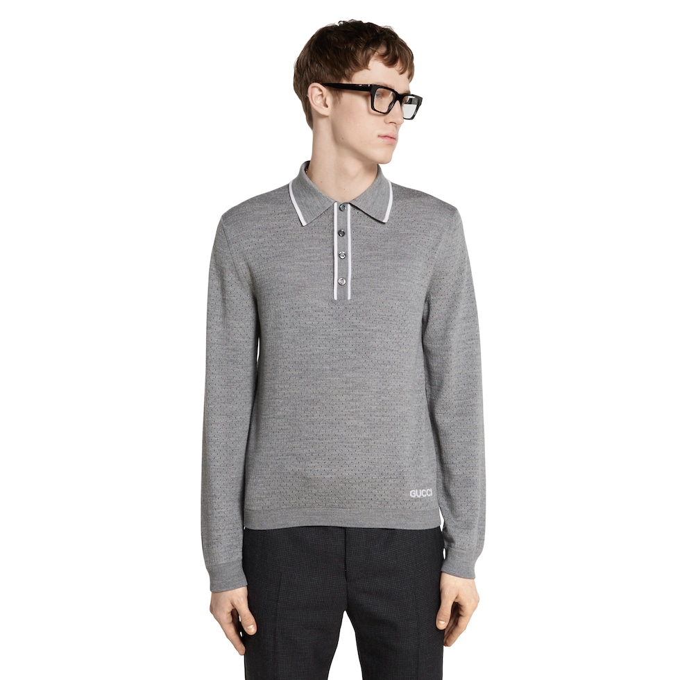 Fine wool knit polo shirt with intarsia