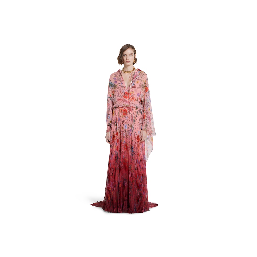 Printed georgette long pleated dress