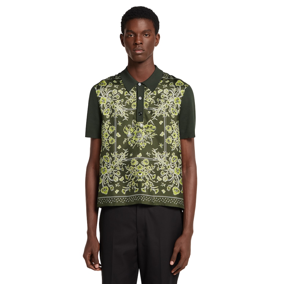 Printed silk cotton knit polo shirt