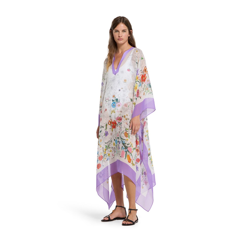 Printed Flora silk cape dress