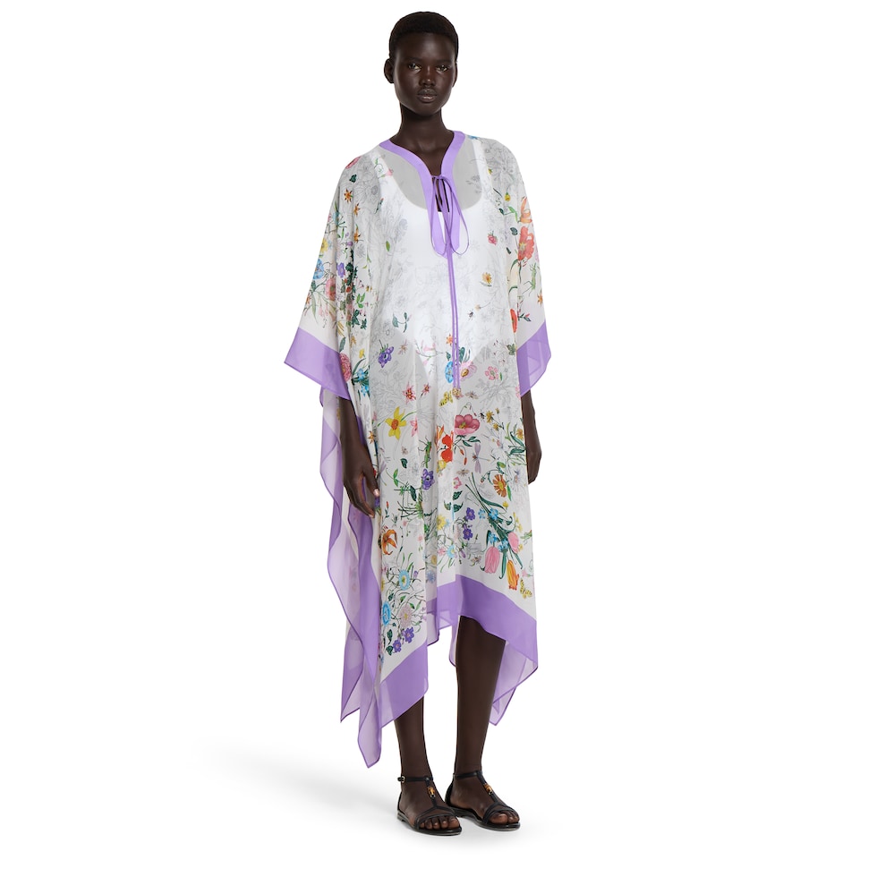 Printed Flora silk cape dress