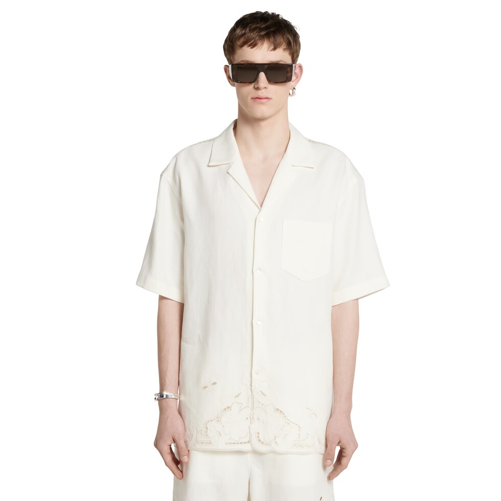 Linen bowling shirt with embroidery