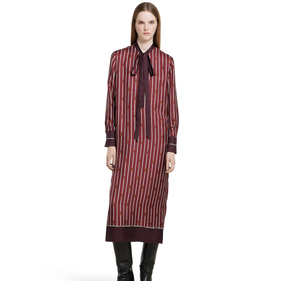 Printed silk twill dress with bow