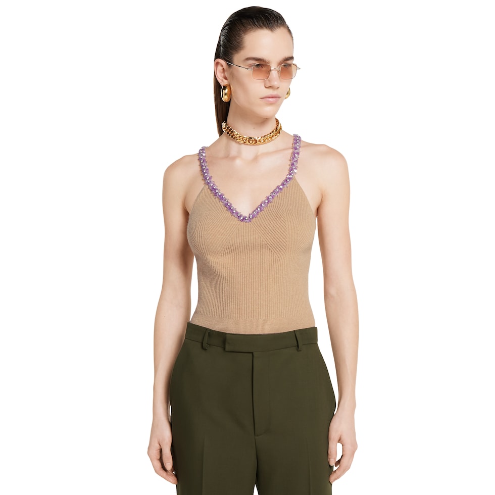 Rib felted wool top with embroidery