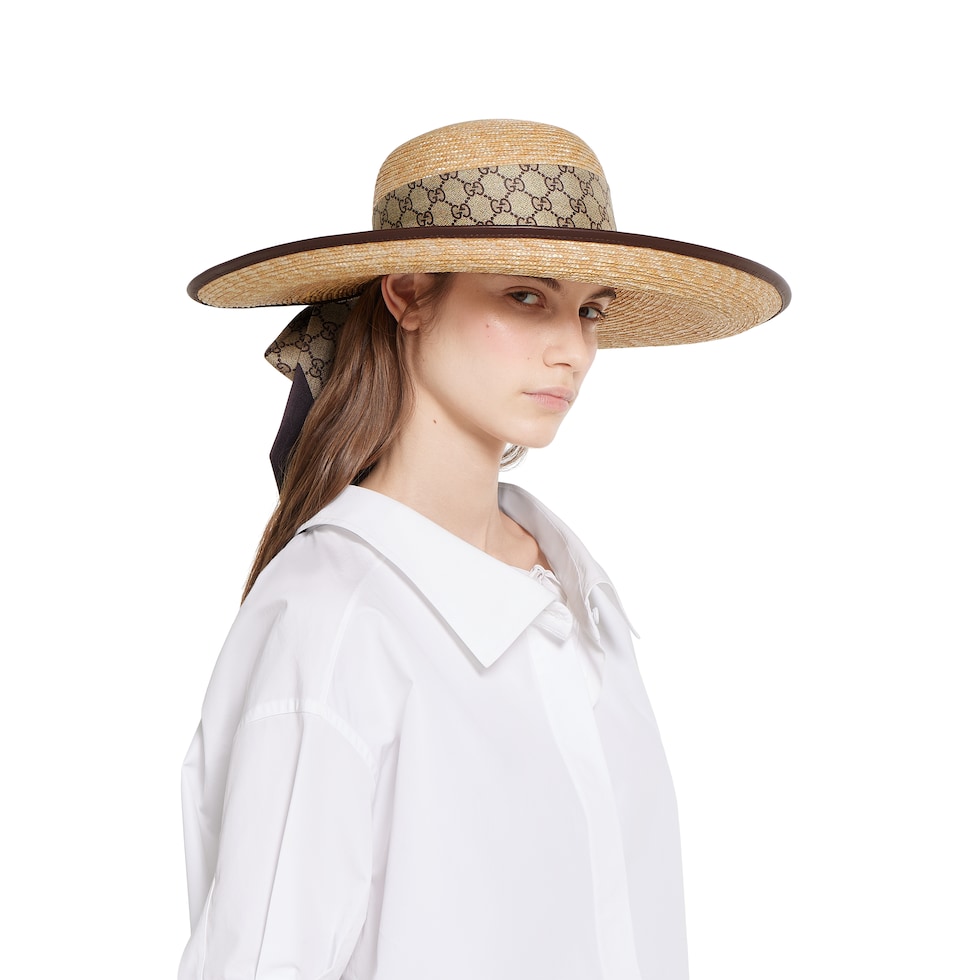 Straw wide brim hat with GG bow