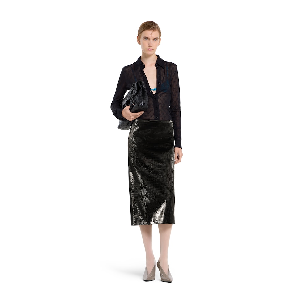 天鹅绒效果皮革中长半身裙 