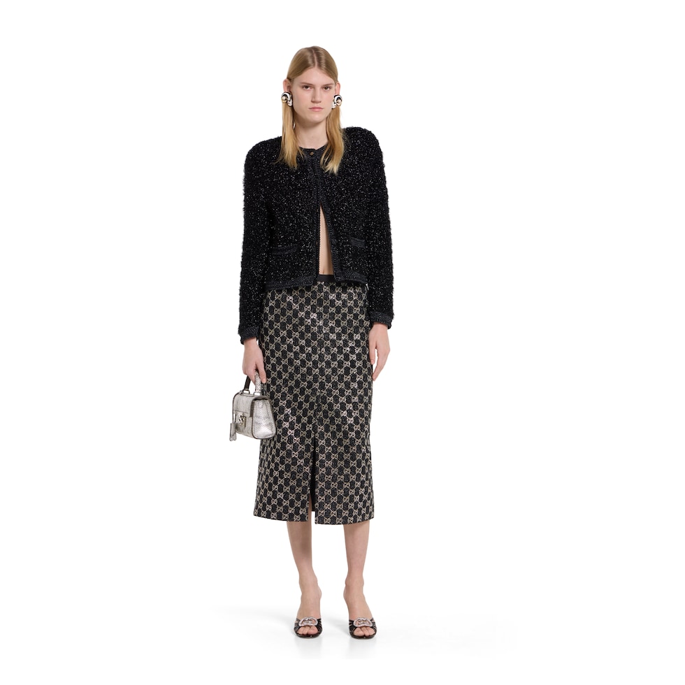 Embroidered wool tweed lamé skirt 