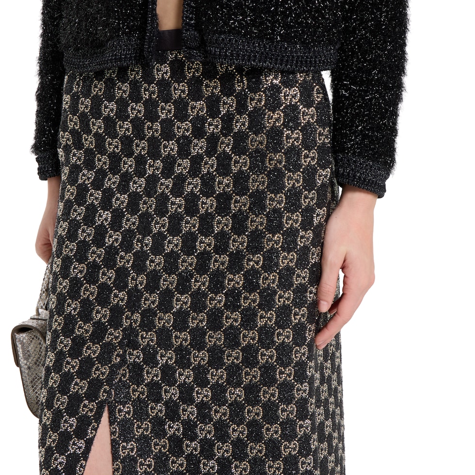 Embroidered wool tweed lamé skirt 