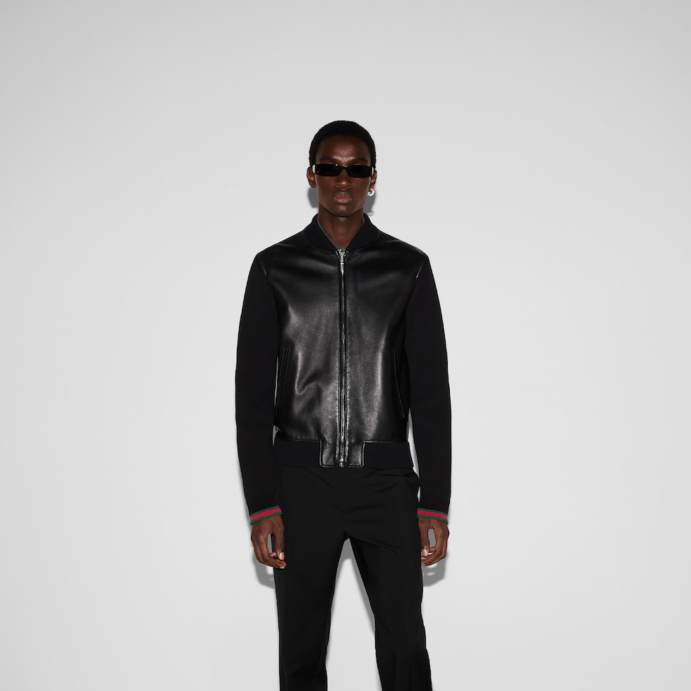 Nappa leather and knit bomber jacket