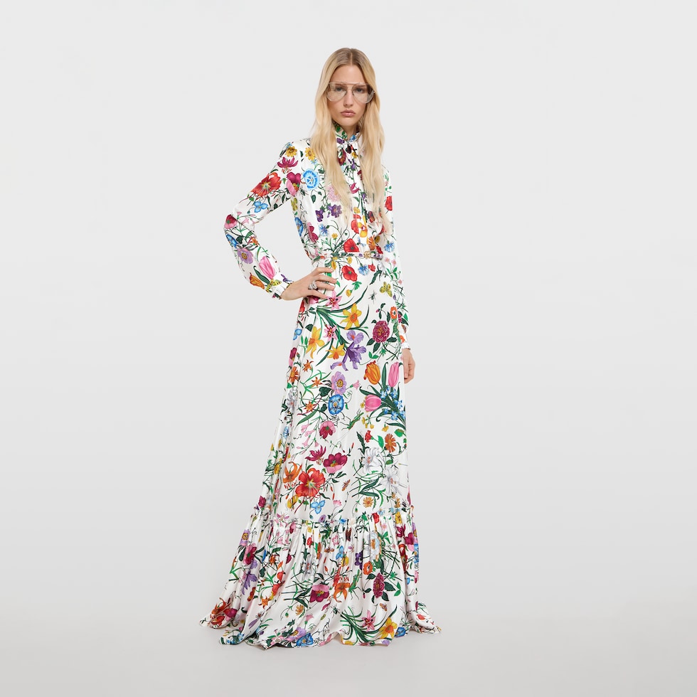 Printed silk twill long dress