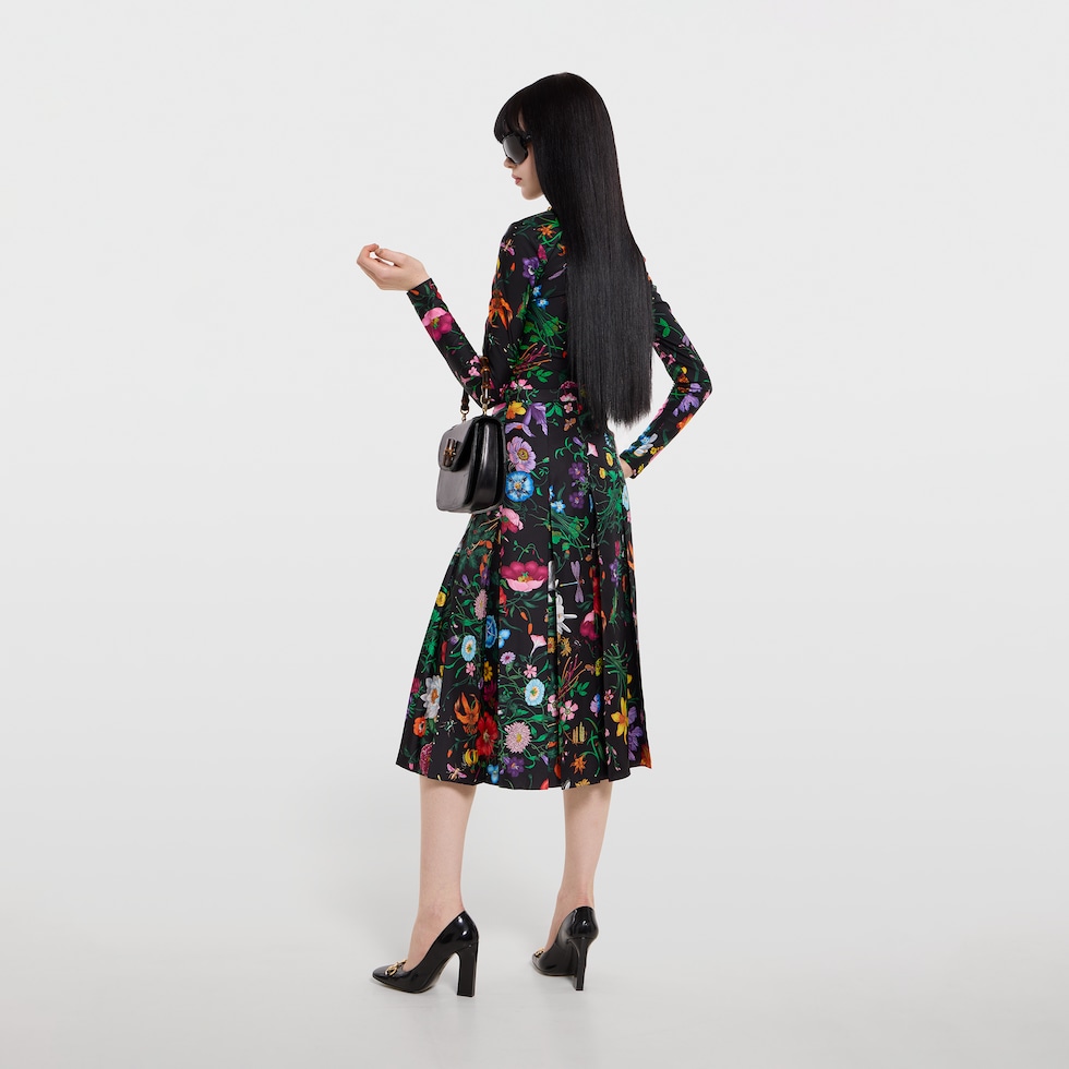 프린트 실크 트윌 플리츠 미디 스커트