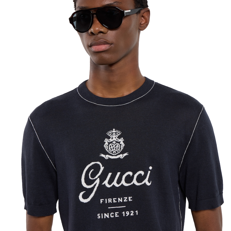 Knit silk linen T-shirt with intarsia