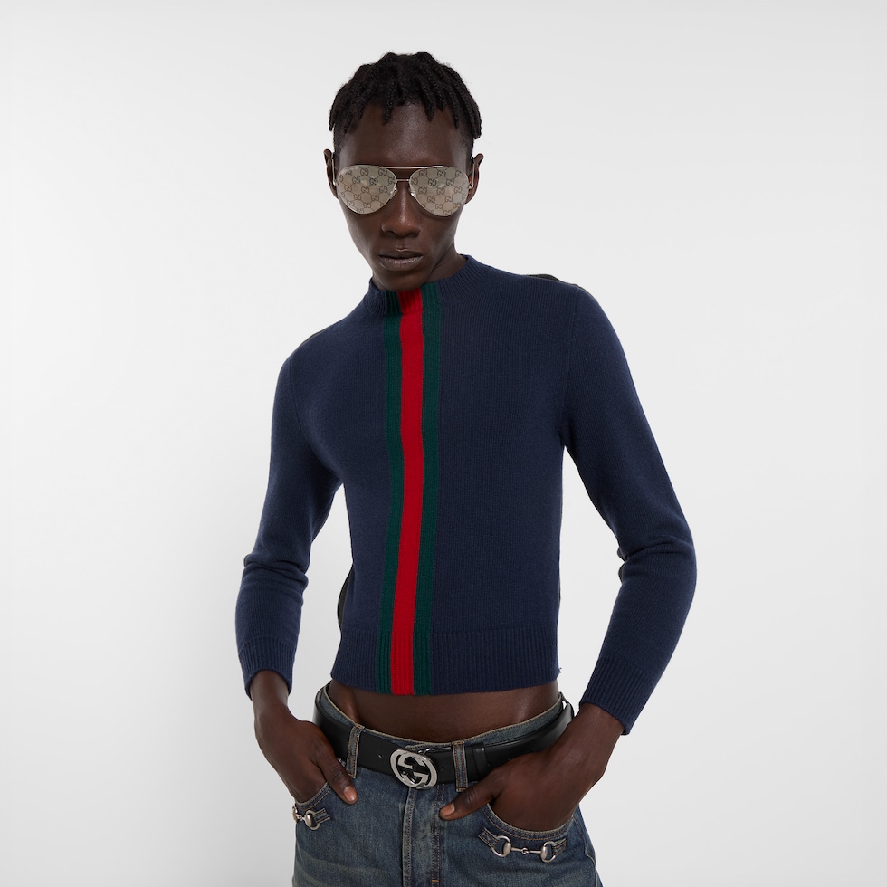 Jersey de punto fino de lana con tribanda Web