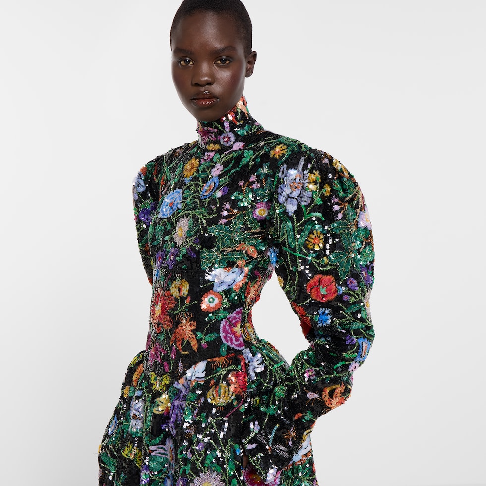 Kleid aus Organza mit Gucci Flora-Motiv und Pailletten