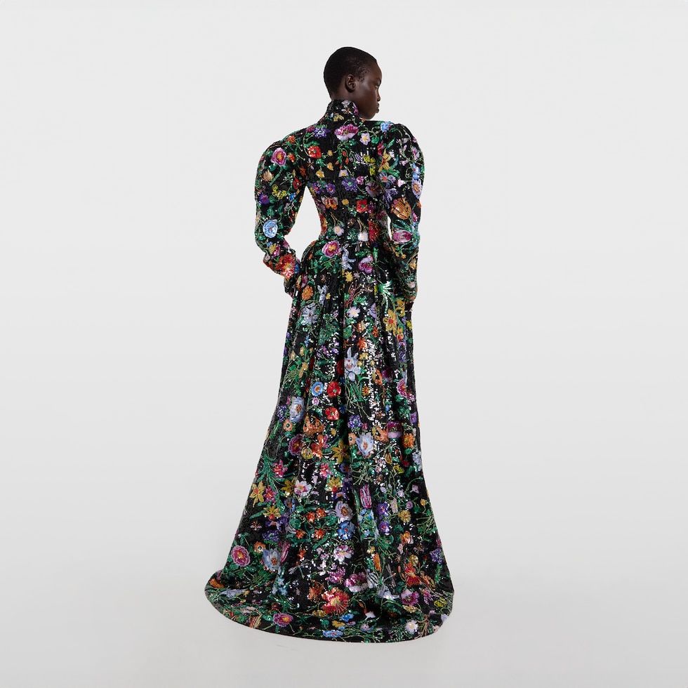 Kleid aus Organza mit Gucci Flora-Motiv und Pailletten