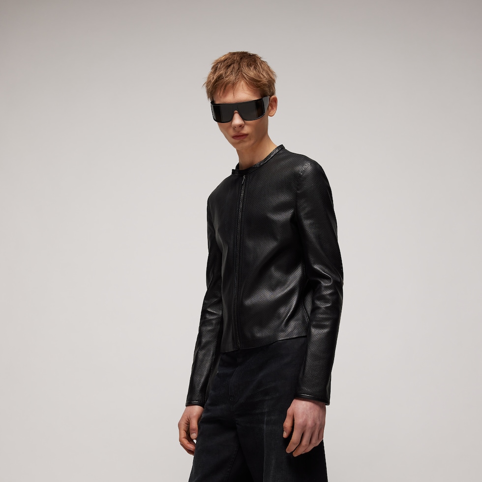 Perforated stretch leather zip jacket