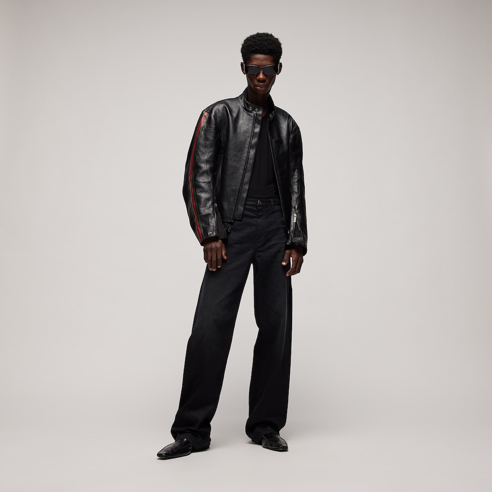 Leather biker jacket with Web detail