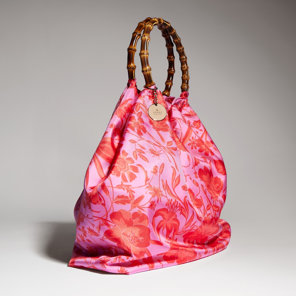 Silk maxi tote bag with bamboo handle