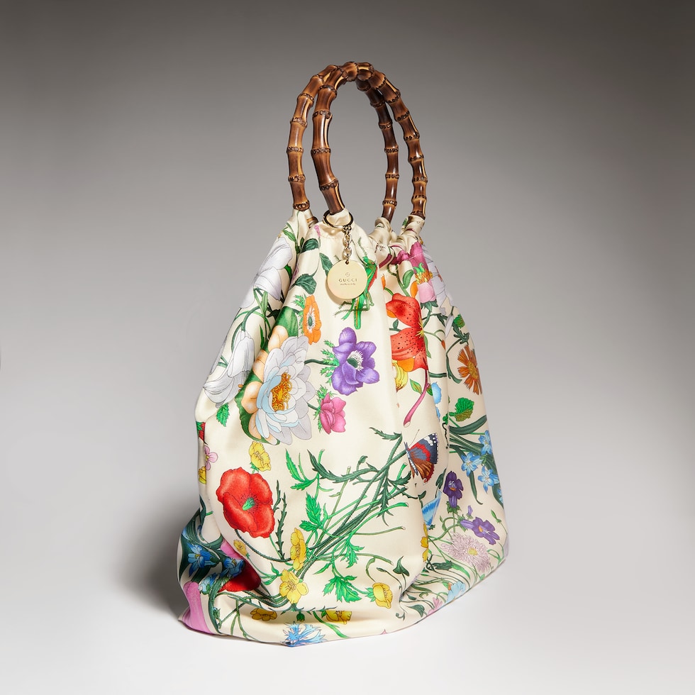 Silk maxi tote bag with bamboo handle