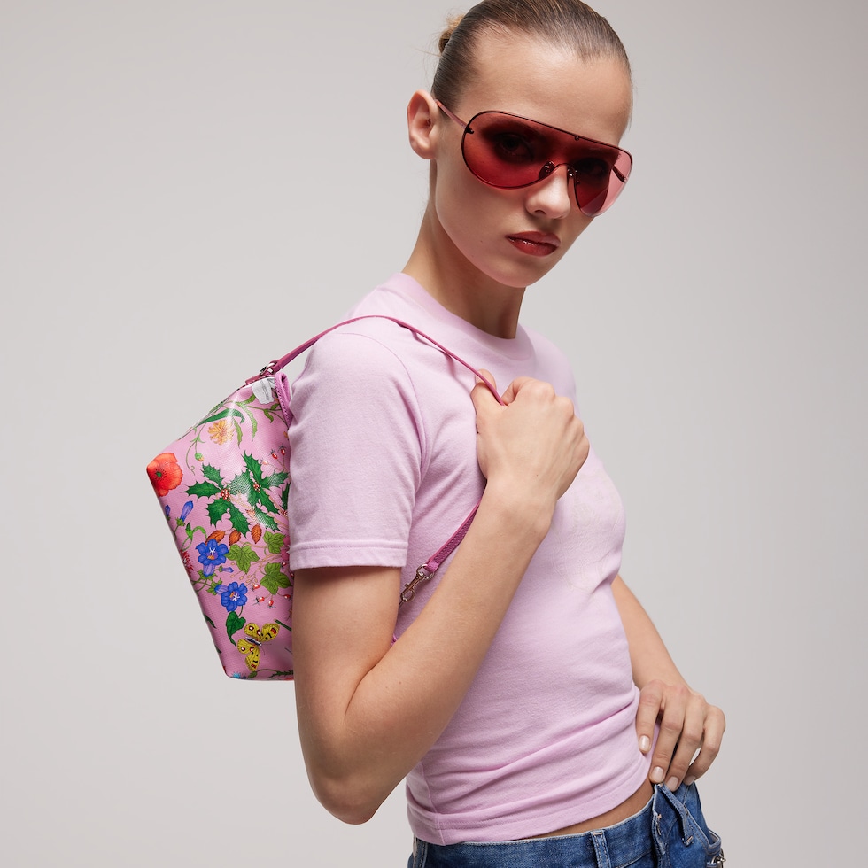 Flora-motif small pouch with strap