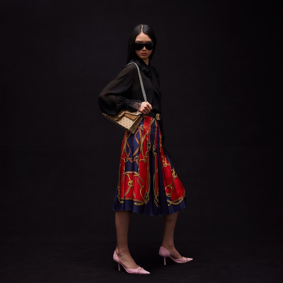 Printed silk twill midi skirt