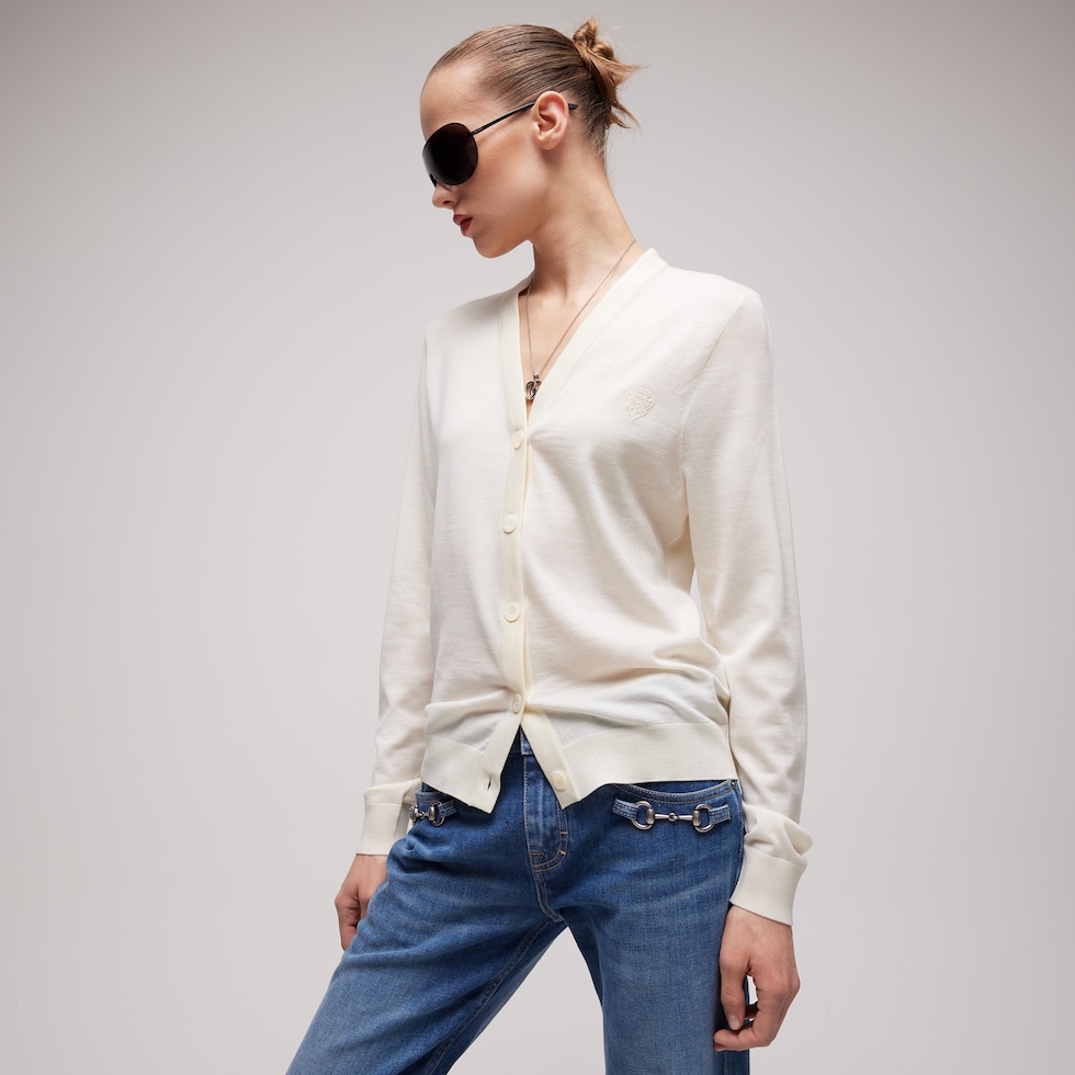 Cardigan in lana fine con ricamo