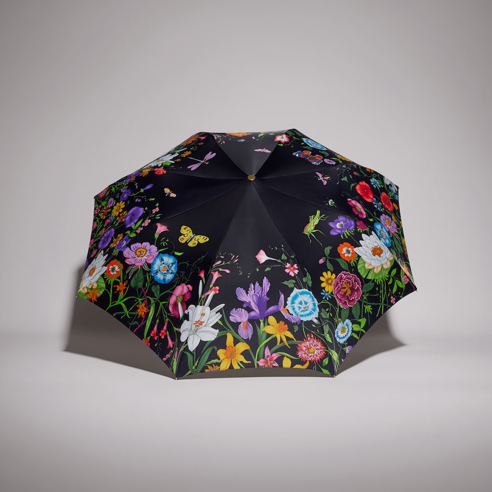 Ombrello ripiegabile in nylon con stampa Gucci Flora