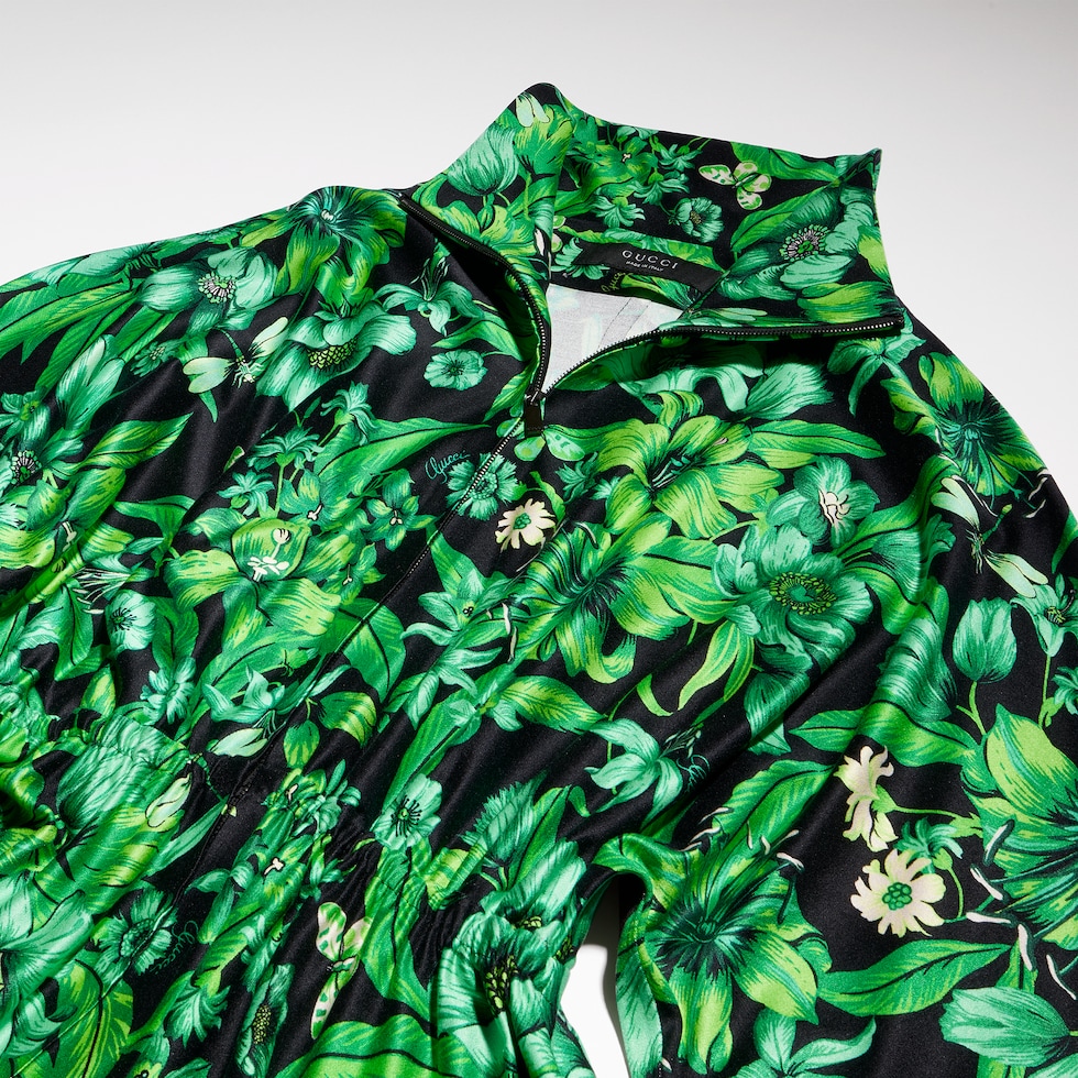 Printed shiny stretch silk long dress