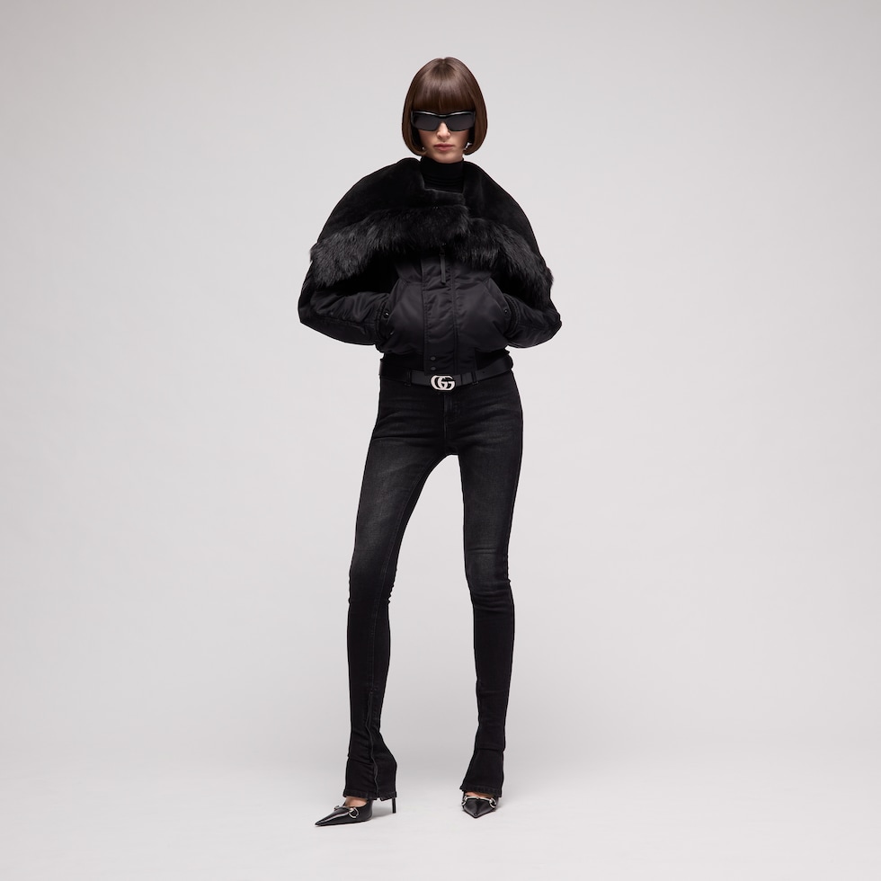Padded nylon bomber jacket with shearling