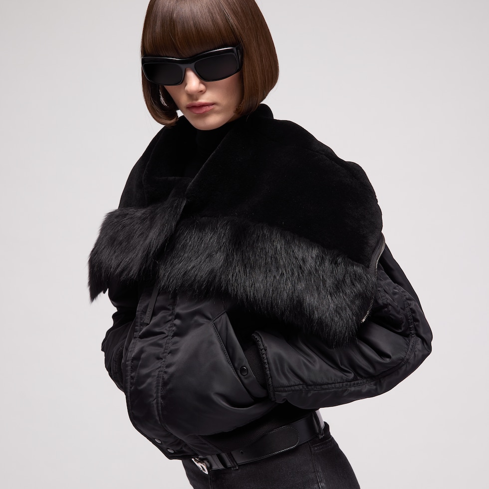 Padded nylon bomber jacket with shearling