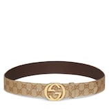 Belt with Interlocking G buckle in sand GG canvas | GUCCI® US